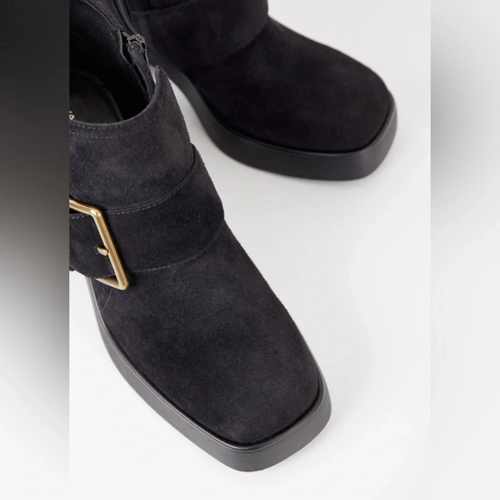 Vagabond Brooke Suede Metal Buckle‎ Square Toe Block Heel 9 39 Black
